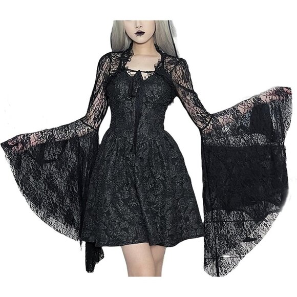 Tops - Women's Black 3 Goth Bell Long Sleeve Bolero Shrug Crop Top